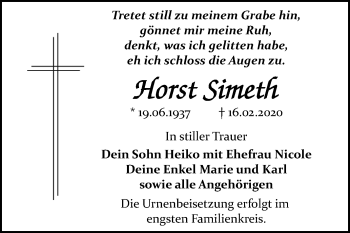 Traueranzeige von Horst Simeth von Wochenspiegel Bitterfeld