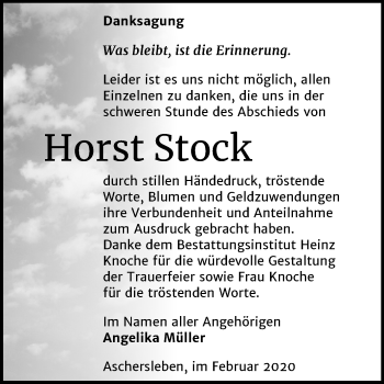 Traueranzeige von Horst Stock von Super Sonntag Aschersleben