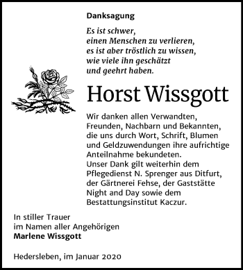 Traueranzeige von Horst Wissgott von Mitteldeutsche Zeitung Quedlinburg
