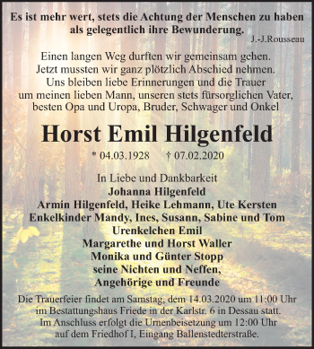 Traueranzeige von Horst Emil Hilgenfeld von Super Sonntag Dessau-Roßlau