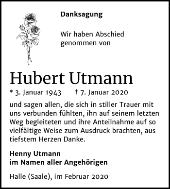 Traueranzeige von Hubert Utmann von Mitteldeutsche Zeitung Halle/Saalkreis