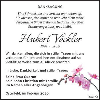 Traueranzeige von Hubert Vöckler von Mitteldeutsche Zeitung Zeitz