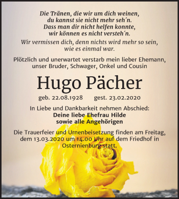 Traueranzeige von Hugo Pächer von Mitteldeutsche Zeitung Köthen