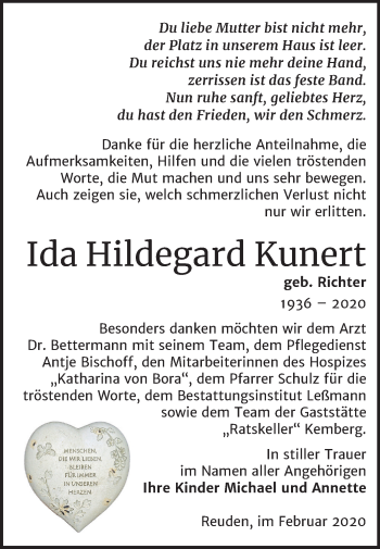 Traueranzeige von Ida Hildegard Kunert von Super Sonntag Wittenberg