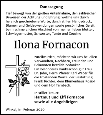 Traueranzeige von Ilona Fornacon von Super Sonntag Sangerhausen