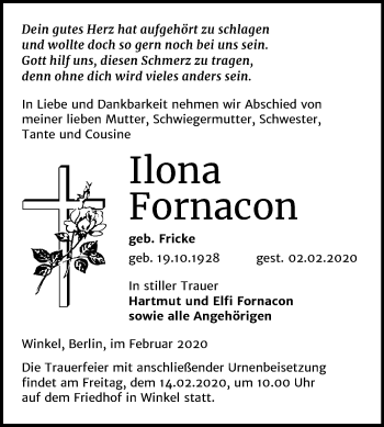 Traueranzeige von Ilona Fornacon von Mitteldeutsche Zeitung Sangerhausen