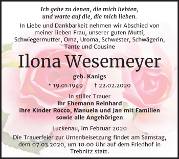 Traueranzeige von Ilona Wesemeyer von Super Sonntag Zeitz