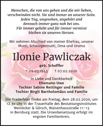 Traueranzeige von Ilonie Pawliczak von Mitteldeutsche Zeitung Bernburg