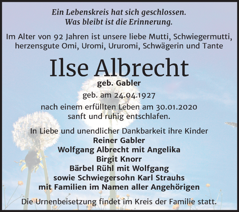  Traueranzeige für Ilse Albrecht vom 08.02.2020 aus Super Sonntag Wittenberg