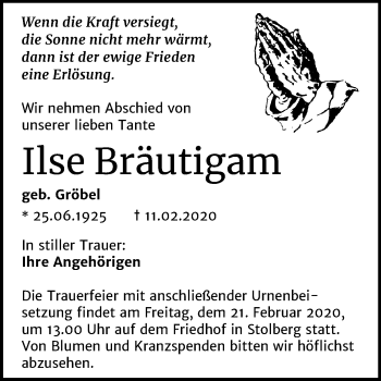 Traueranzeige von Ilse Bräutigam von Super Sonntag Sangerhausen