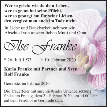 Traueranzeige von Ilse Franke von Mitteldeutsche Zeitung Quedlinburg