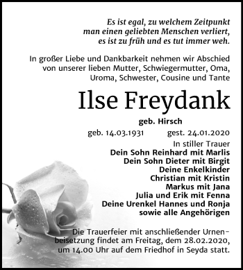 Traueranzeige von Ilse Freydank von Super Sonntag Wittenberg