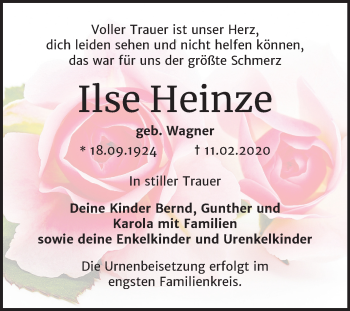 Traueranzeige von Ilse Heinze von Mitteldeutsche Zeitung Bitterfeld