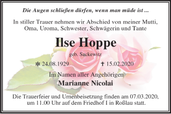 Traueranzeige von Ilse Hoppe von Mitteldeutsche Zeitung Dessau-Roßlau