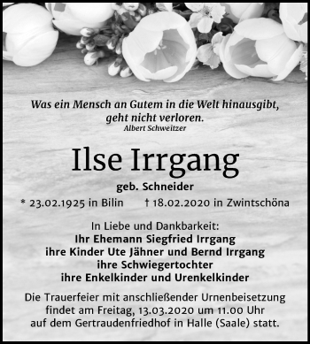 Traueranzeige von Ilse Irrgang von Mitteldeutsche Zeitung Halle/Saalkreis