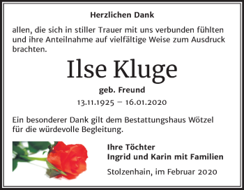 Traueranzeige von Ilse Kluge von Mitteldeutsche Zeitung Zeitz