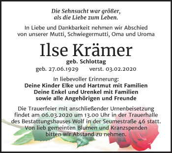 Traueranzeige von Ilse Krämer von Mitteldeutsche Zeitung Weißenfels