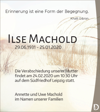 Traueranzeige von Ilse Machold von Mitteldeutsche Zeitung Aschersleben