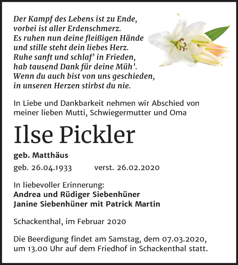  Traueranzeige für Ilse Pickler vom 29.02.2020 aus Mitteldeutsche Zeitung Aschersleben