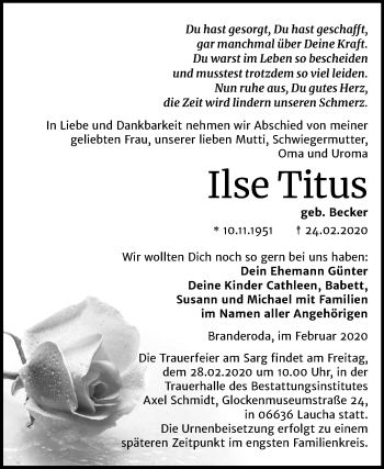 Traueranzeige von Ilse Titus von Mitteldeutsche Zeitung Merseburg/Querfurt