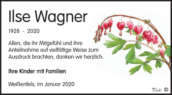 Traueranzeige von Ilse Wagner von Mitteldeutsche Zeitung Weißenfels