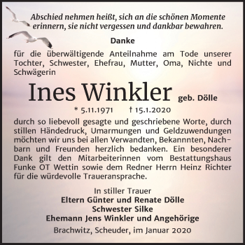 Traueranzeige von Ines Winkler von Mitteldeutsche Zeitung Köthen