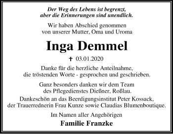 Traueranzeige von Inga Demmel von Mitteldeutsche Zeitung Dessau-Roßlau