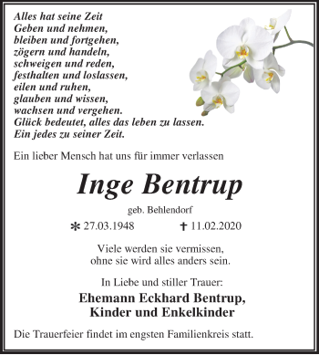 Traueranzeige von Inge Bentrup von Super Sonntag Wittenberg