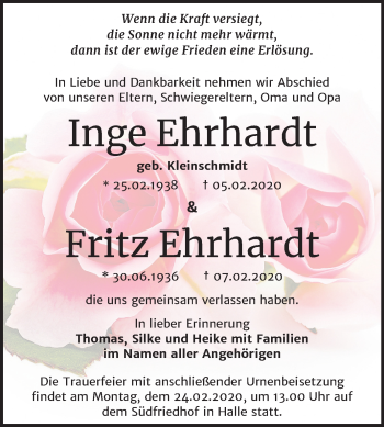 Traueranzeige von Inge Ehrhardt von Mitteldeutsche Zeitung Halle/Saalkreis