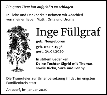 Traueranzeige von Inge Füllgraf von Wochenspiegel Mansfelder Land