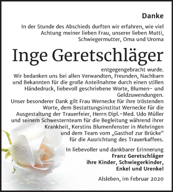Traueranzeige von Inge Geretschläger von Mitteldeutsche Zeitung Bernburg