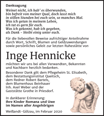 Traueranzeige von Inge Hennicke von Super Sonntag Köthen
