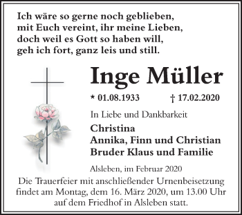 Traueranzeige von Inge Müller von Super Sonntag Bernburg