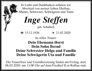 Traueranzeige von Inge Steffen von Mitteldeutsche Zeitung Dessau-Roßlau