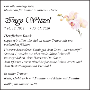 Traueranzeige von Inge Witzel von Super Sonntag Sangerhausen