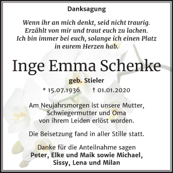 Traueranzeige von Inge Emma Schenke von Mitteldeutsche Zeitung Wittenberg