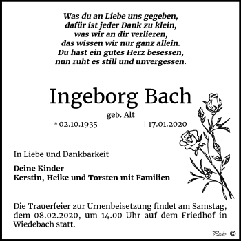Traueranzeige von Ingeborg Bach von Wochenspiegel Weißenfels