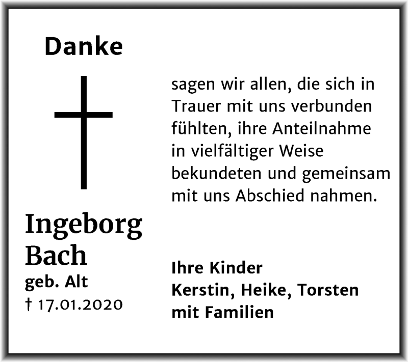  Traueranzeige für Ingeborg Bach vom 22.02.2020 aus Mitteldeutsche Zeitung Weißenfels