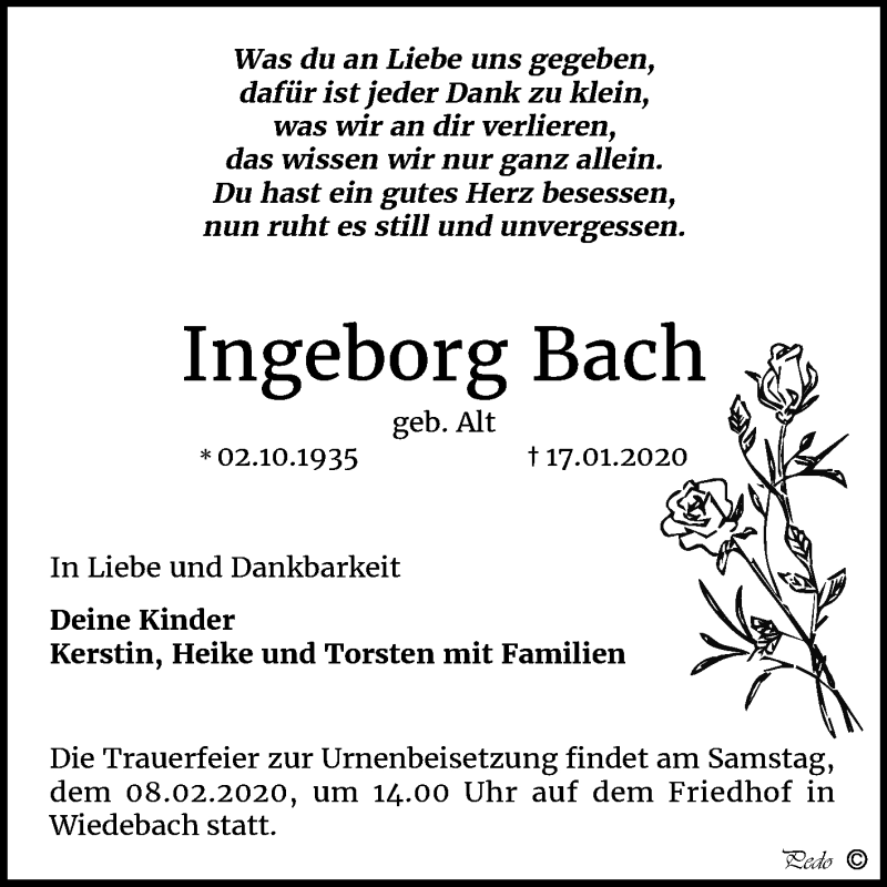  Traueranzeige für Ingeborg Bach vom 05.02.2020 aus Wochenspiegel Weißenfels