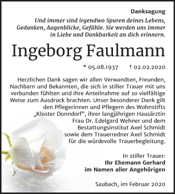 Traueranzeige von Ingeborg Faulmann von Wochenspiegel Naumburg/Nebra