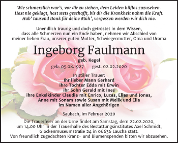 Traueranzeige von Ingeborg Faulmann von Wochenspiegel Naumburg/Nebra