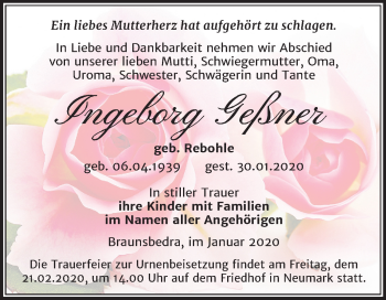 Traueranzeige von Ingeborg Geßner von Mitteldeutsche Zeitung Merseburg/Querfurt