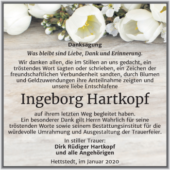 Traueranzeige von Ingeborg Hartkopf von Super Sonntag Mansfelder Land