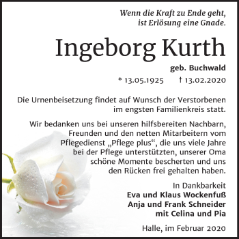 Traueranzeige von Ingeborg Kurth von Mitteldeutsche Zeitung Halle/Saalkreis
