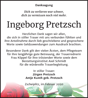 Traueranzeige von Ingeborg Pretzsch von Wochenspiegel Naumburg/Nebra