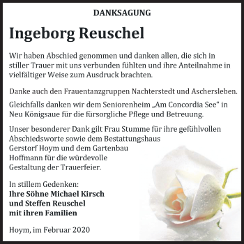 Traueranzeige von Ingeborg Reuschel von Mitteldeutsche Zeitung Aschersleben