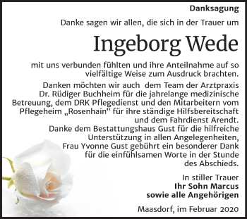 Traueranzeige von Ingeborg Wede von Super Sonntag Köthen