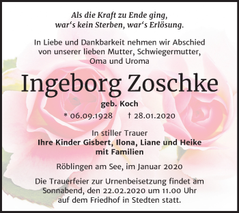 Traueranzeige von Ingeborg Zoschke von Wochenspiegel Mansfelder Land