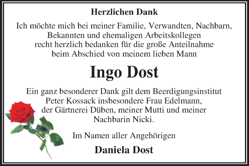  Traueranzeige für Ingo Dost vom 22.02.2020 aus Mitteldeutsche Zeitung Wittenberg