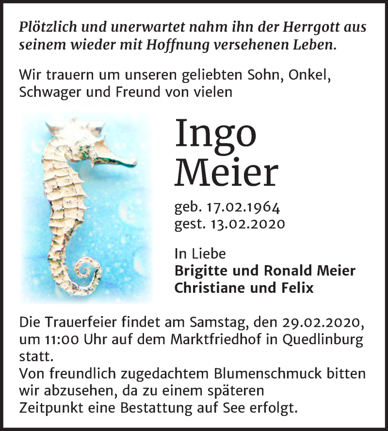  Traueranzeige für Ingo Meier vom 22.02.2020 aus Mitteldeutsche Zeitung Quedlinburg